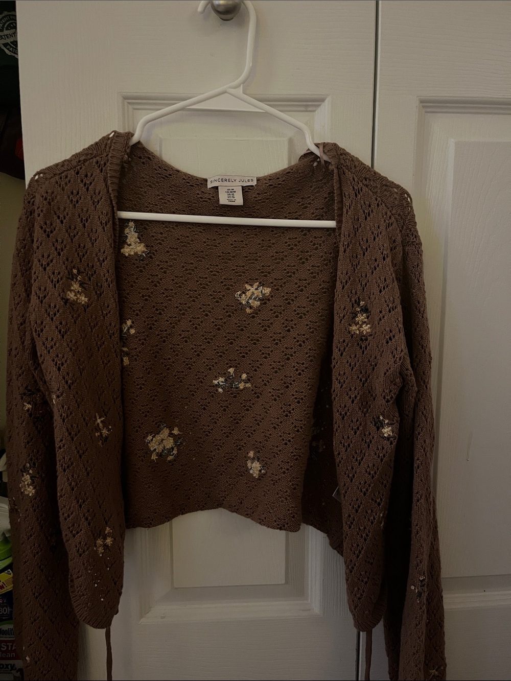 Sincerly Jules Chocolate Brown Floral Open-Knit Cardigan